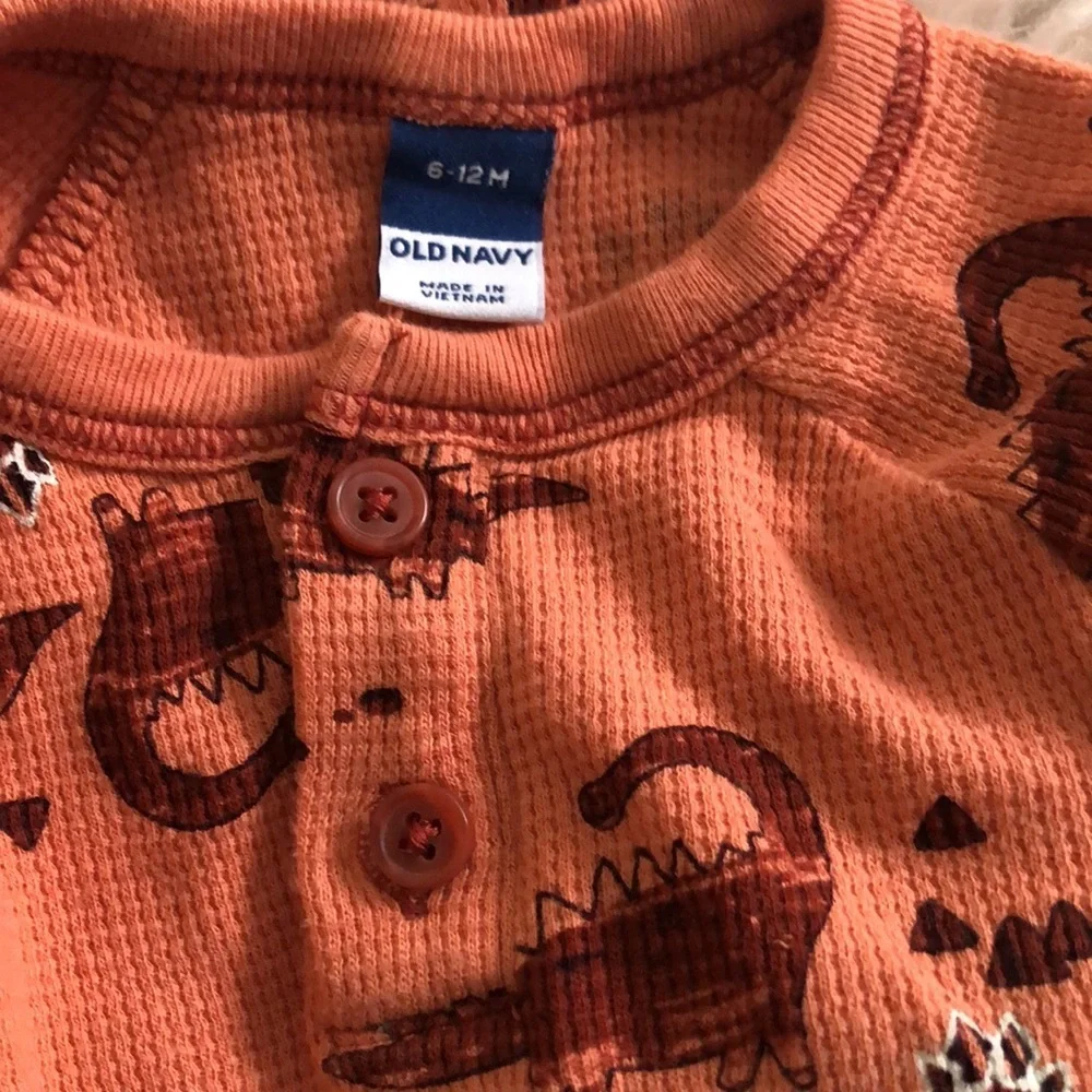 Old Navy Rusty Orange Two Piece Red Dinosaur Print Onesie and Pants 6-12 M